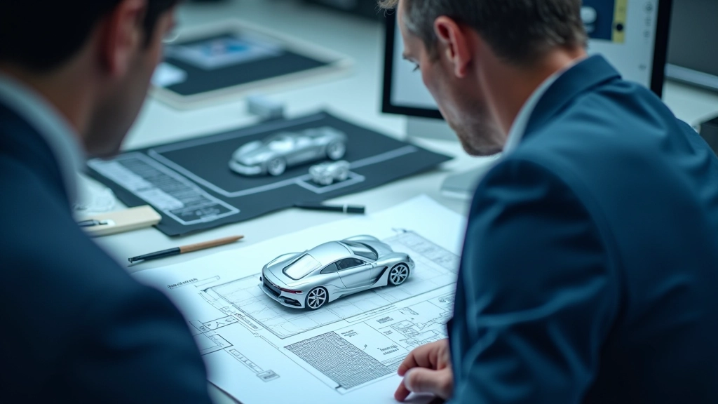 Automobilių inžinierius analizuojantis koncepcinio modelio techninius brėžinius