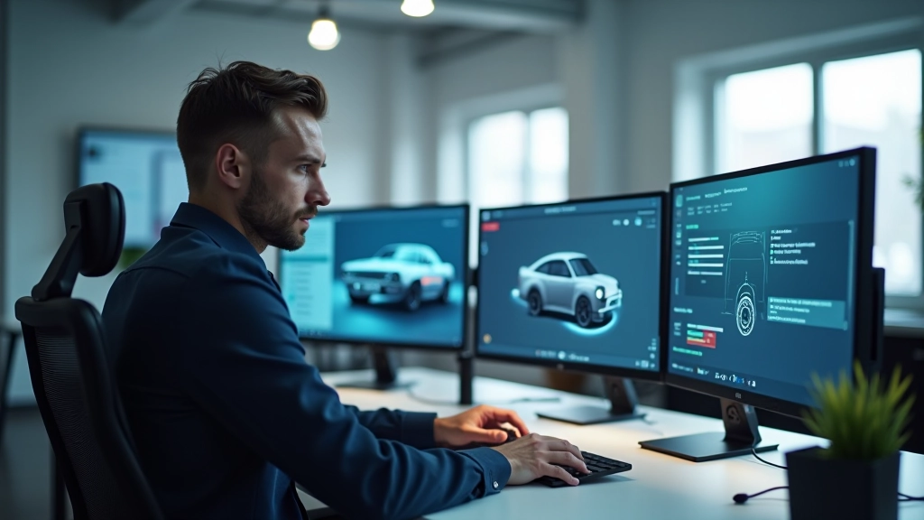 Automobilių dizaineris dirba koncepcinio modelio skaičiais kompiuteryje, šiuolaikinis dizaino biuras su šviečiančiais ekranais