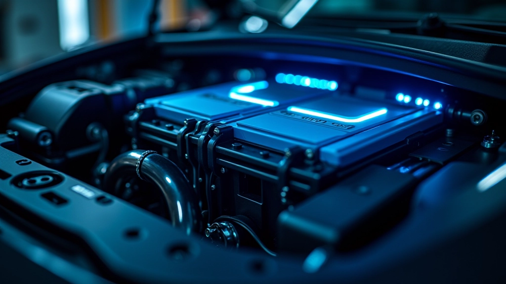 Elektromobilio baterijos modulis su technologiniais komponentais ir LED rodikliais